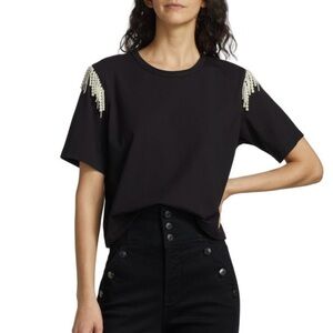 Veronica Beard Rumia Pearl Fringe Embellished Black Top